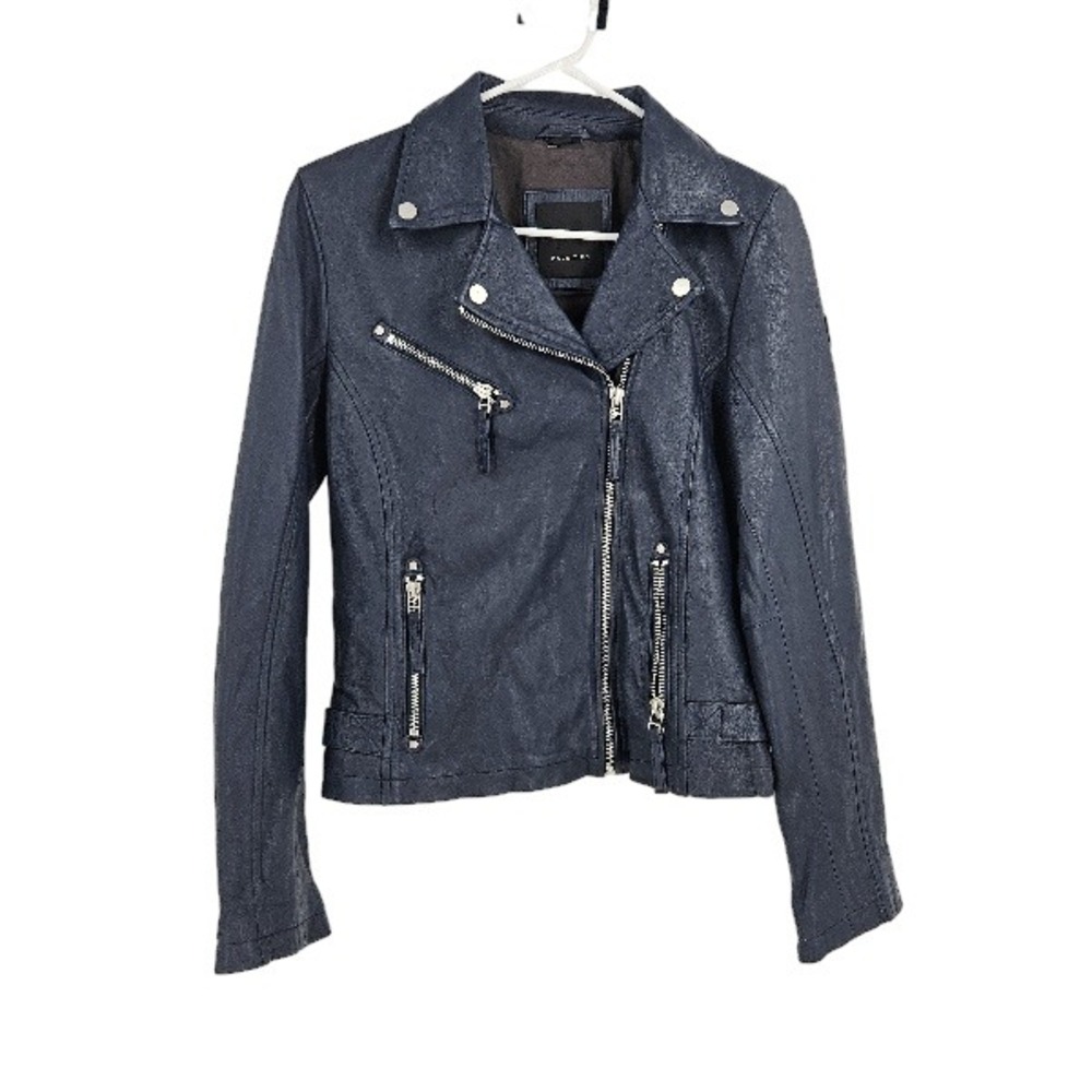 Mauritius Moto Jacket Navy Blue Leather Biker Pocket Zip Front Size 8